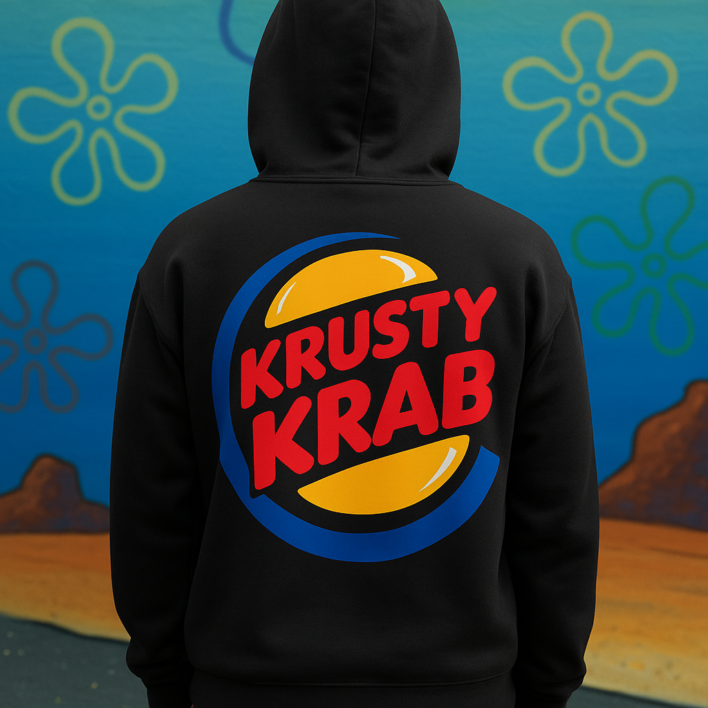Black hoodie with Krusty Krab logo on the back against a cartoon-style background