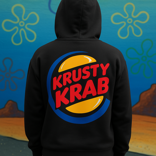 Black hoodie with Krusty Krab logo on the back against a cartoon-style background