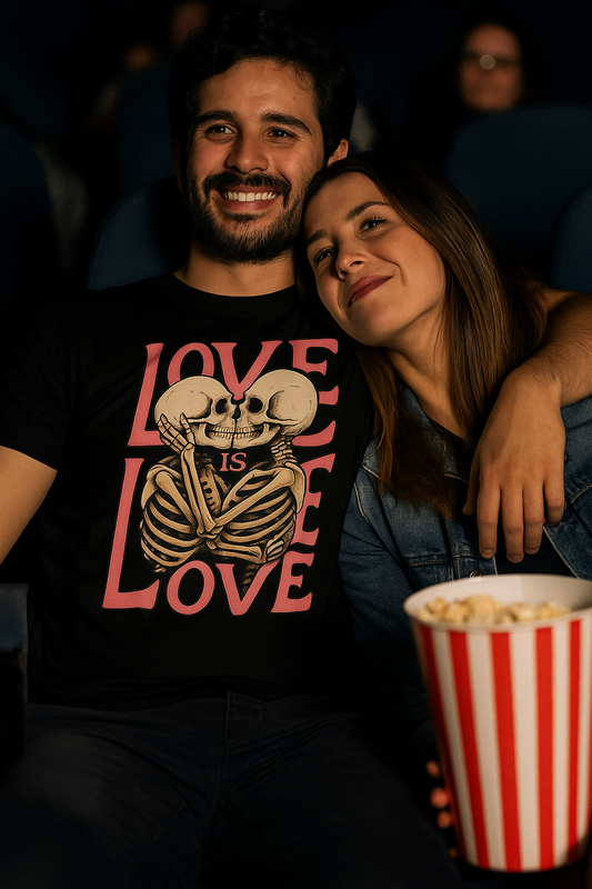 Skeleton kiss graphic tee with romantic message in gothic style – unisex black shirt