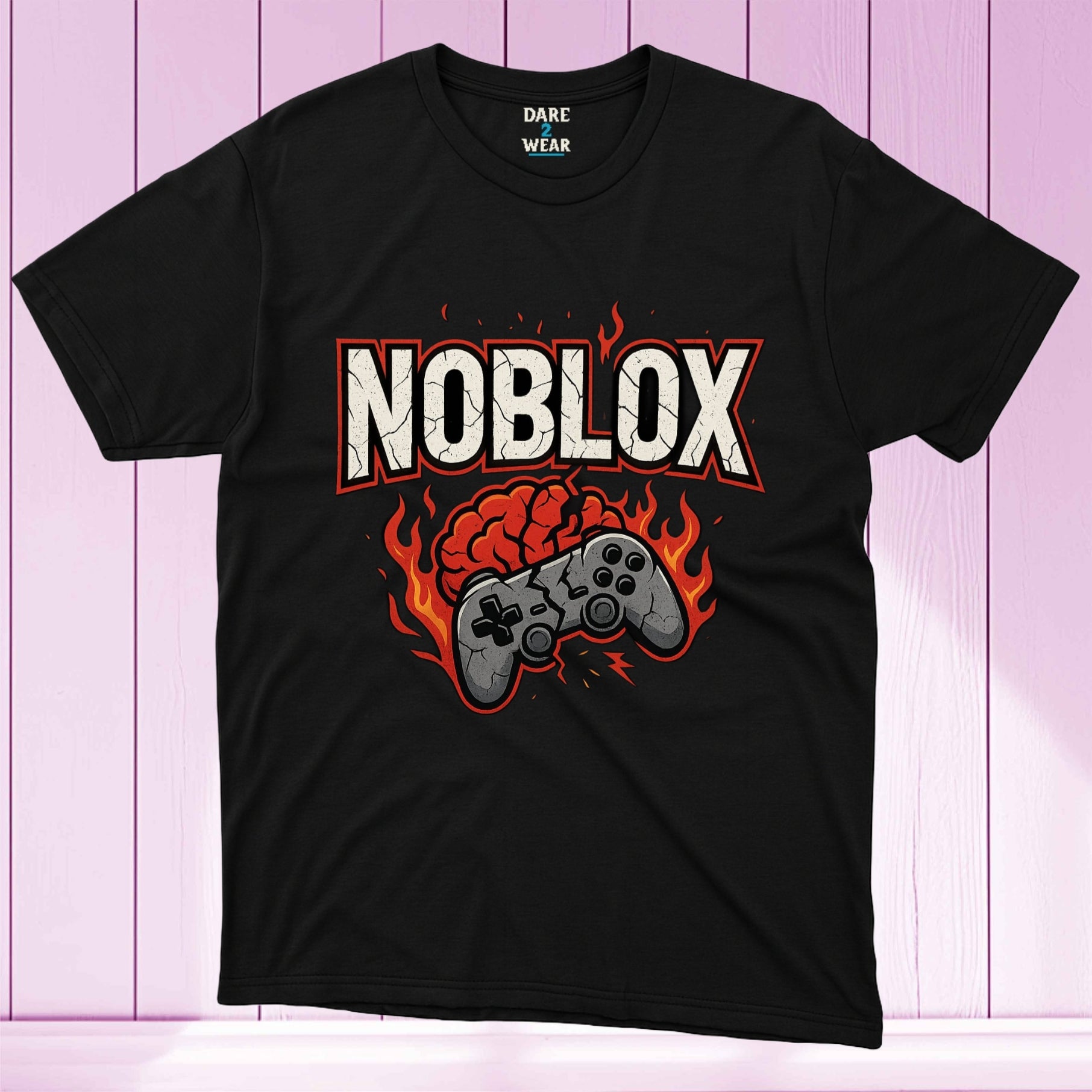 NOBLOX gamer t-shirt with fiery brain explosion and cracked game controller design on black shirt