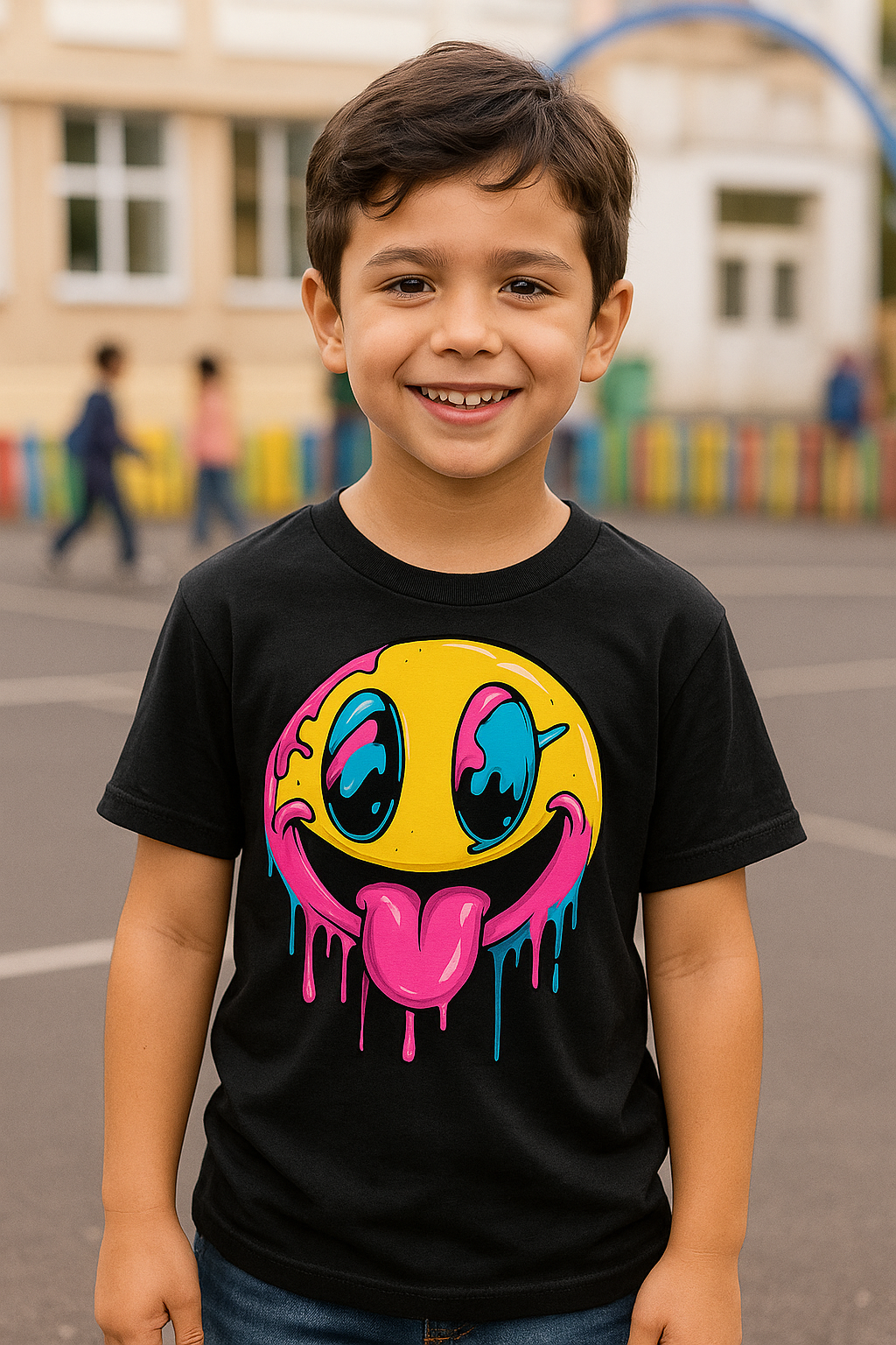 Child wearing a black t-shirt with a colorful smiley face design outdoors.