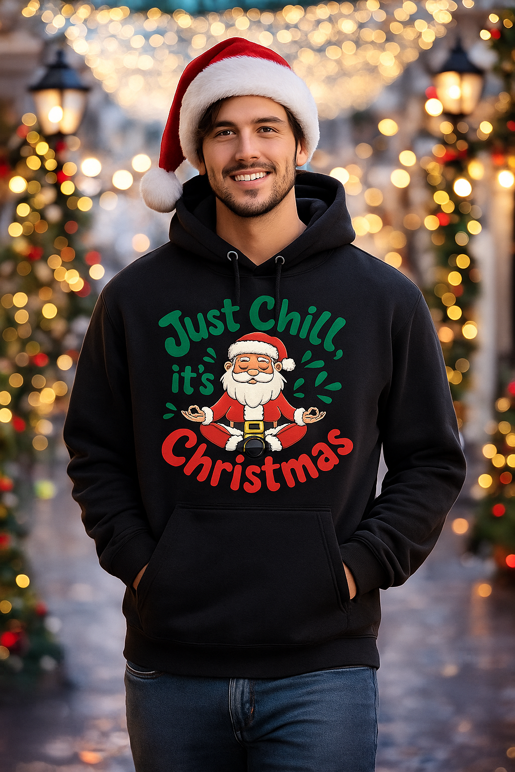 Man wearing a black hoodie with Christmas-themed text and Santa Claus graphic, standing in front of festive lights.