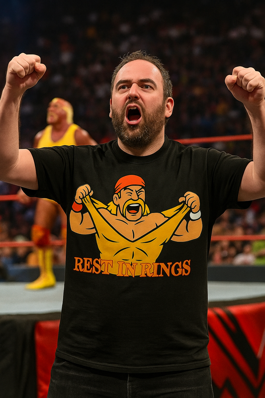 Man wearing a 'Rest in Rings' t-shirt in a wrestling ring with another person in the background.