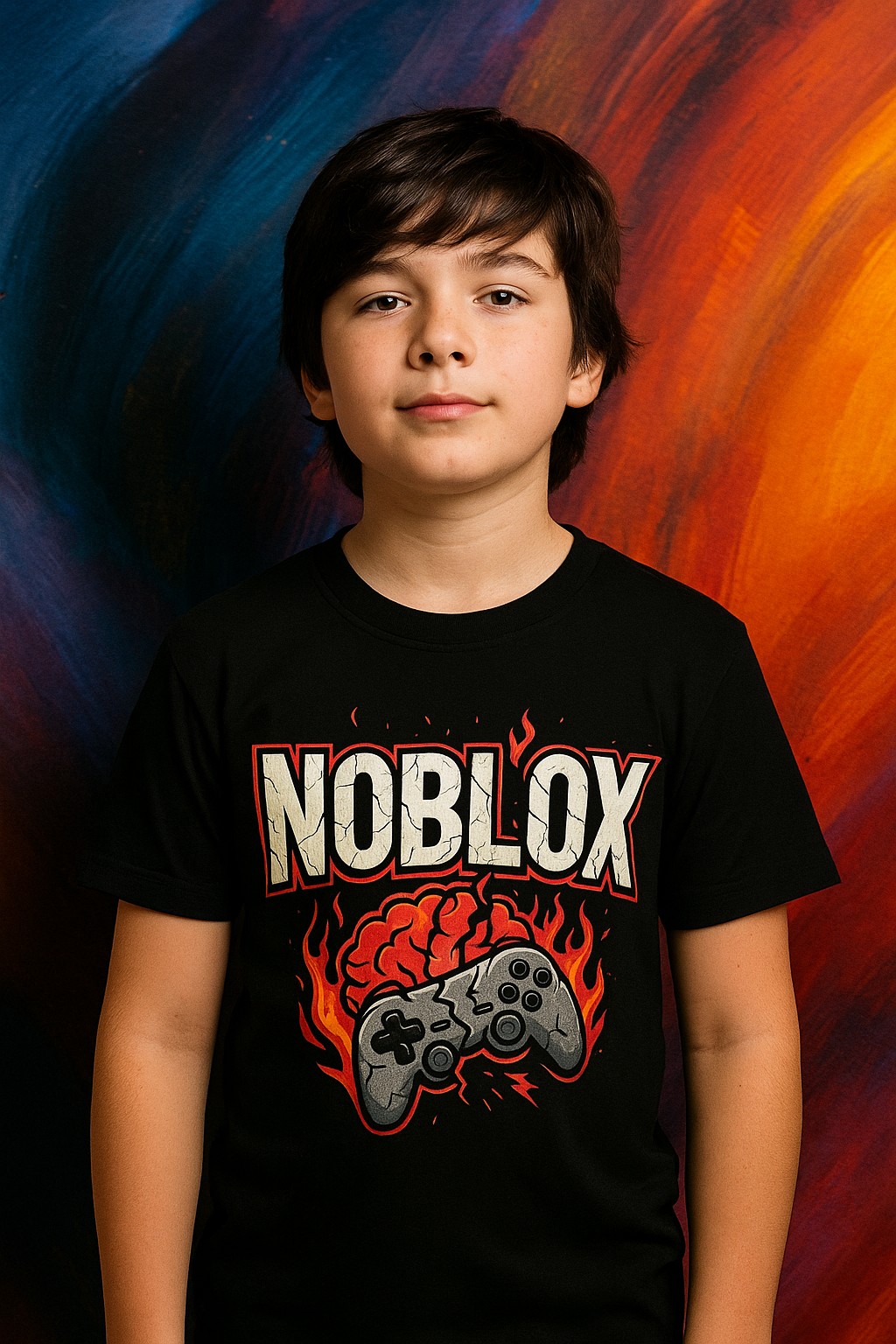 NOBLOX gamer t-shirt with fiery brain explosion and cracked game controller design on black shirt