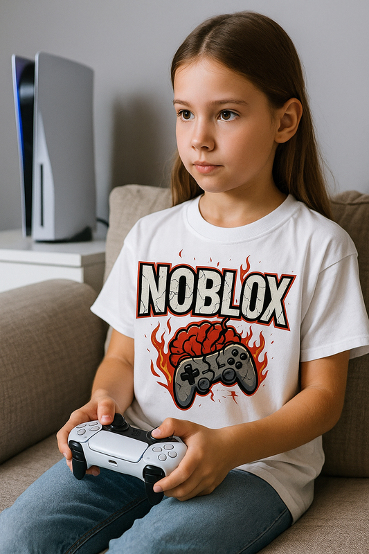 NOBLOX gamer t-shirt with fiery brain explosion and cracked game controller design on white shirt