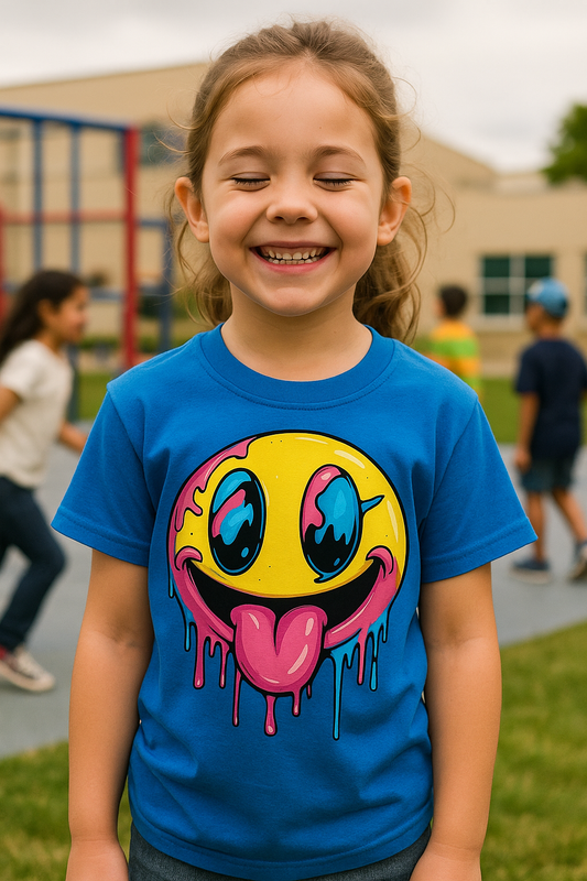 Child wearing a blue t-shirt with a colorful smiley face design outdoors.