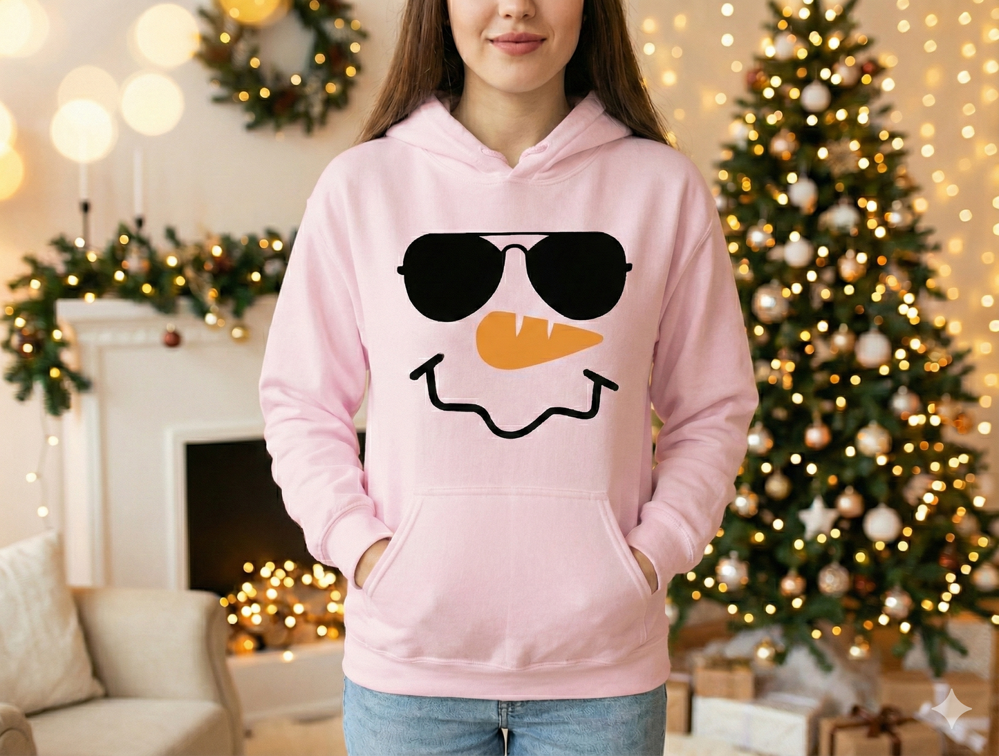 Person wearing a pink hoodie with a snowman design in a decorated room.