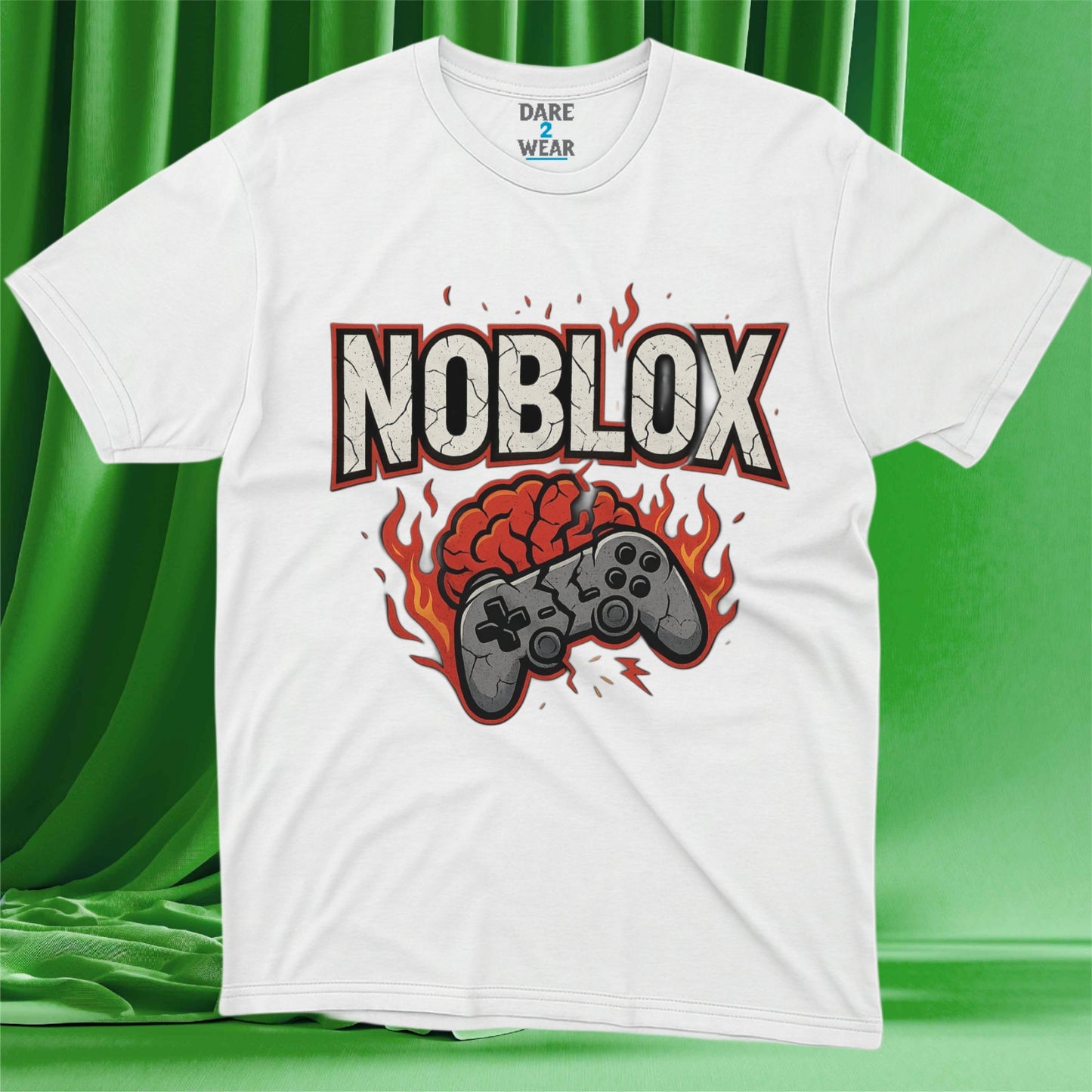 NOBLOX gamer t-shirt with fiery brain explosion and cracked game controller design on white shirt