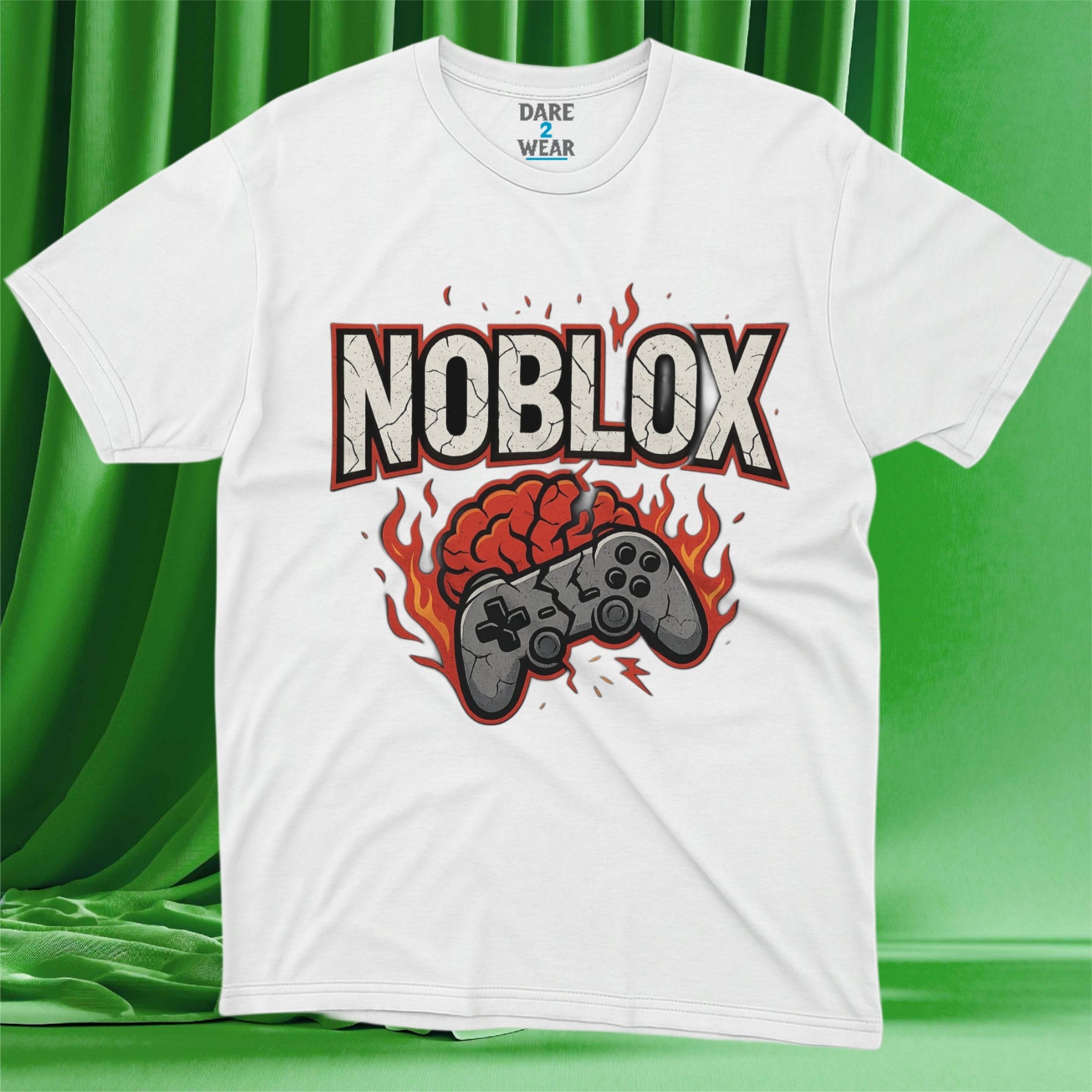 NOBLOX gamer t-shirt with fiery brain explosion and cracked game controller design on white shirt