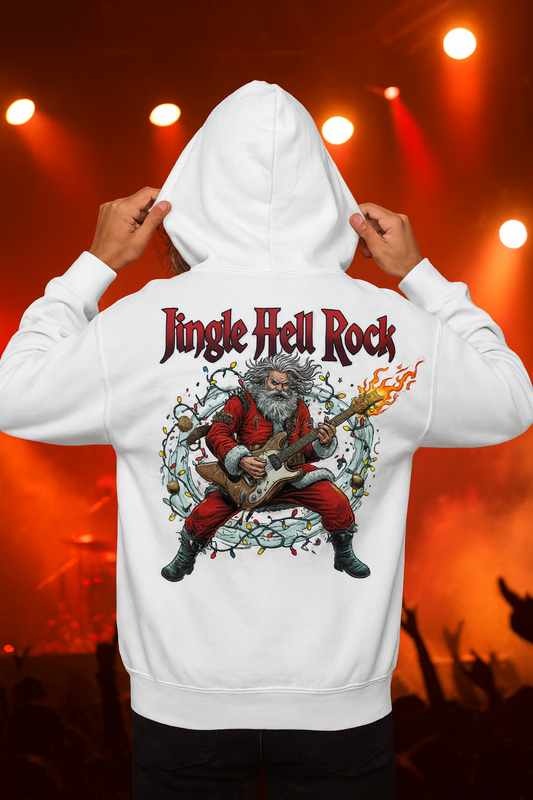 White hoodie with 'Jingle Hell Rock' design featuring a Santa Claus playing guitar on a stage with red lights.