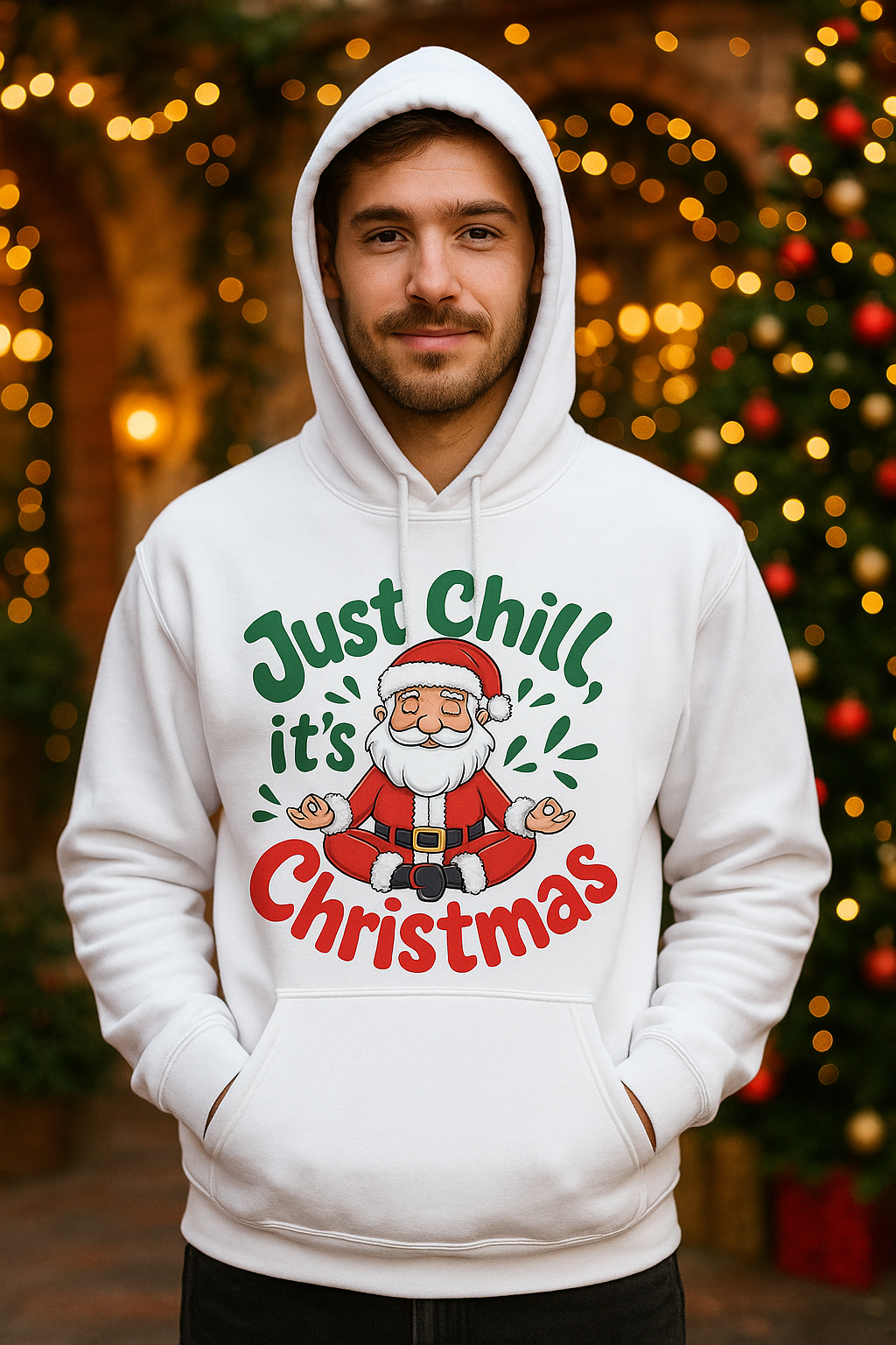 Man wearing a white hoodie with a Christmas design in front of a decorated Christmas tree.