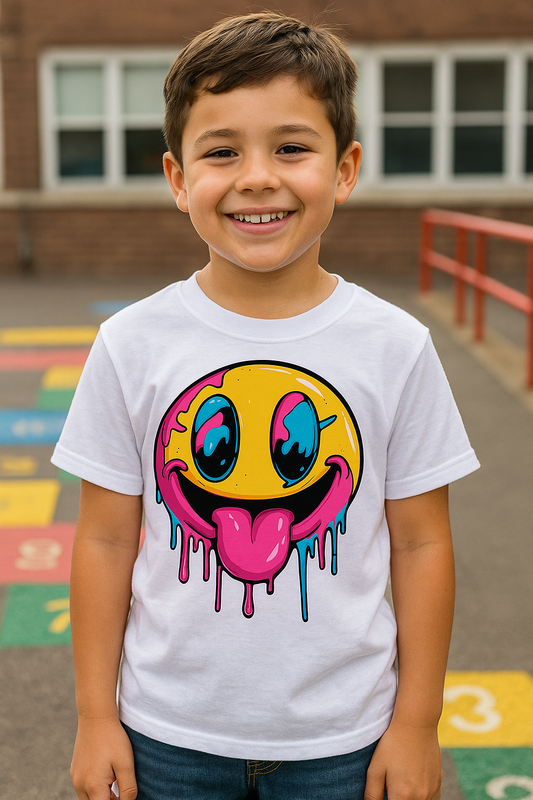 Child wearing a white t-shirt with a colorful smiley face design on a playground.