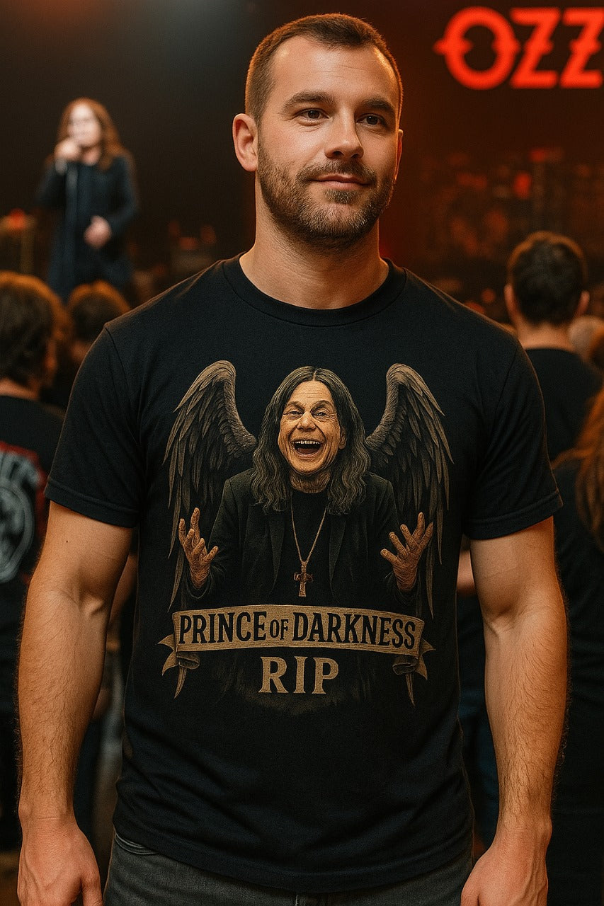 Black tribute T-shirt honoring Ozzy Osbourne – Prince of Darkness RIP design by Dare 2 Wear