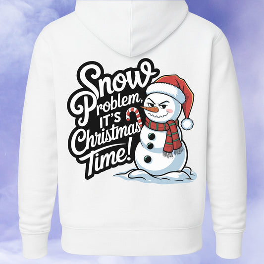 White hoodie with a snowman graphic and text on the back against a light blue gradient background