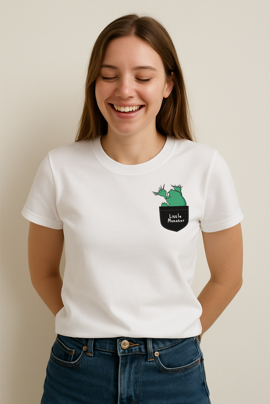 White t-shirt with a cartoon green monster peeking from a pocket design – Dare 2 Wear Little Monster