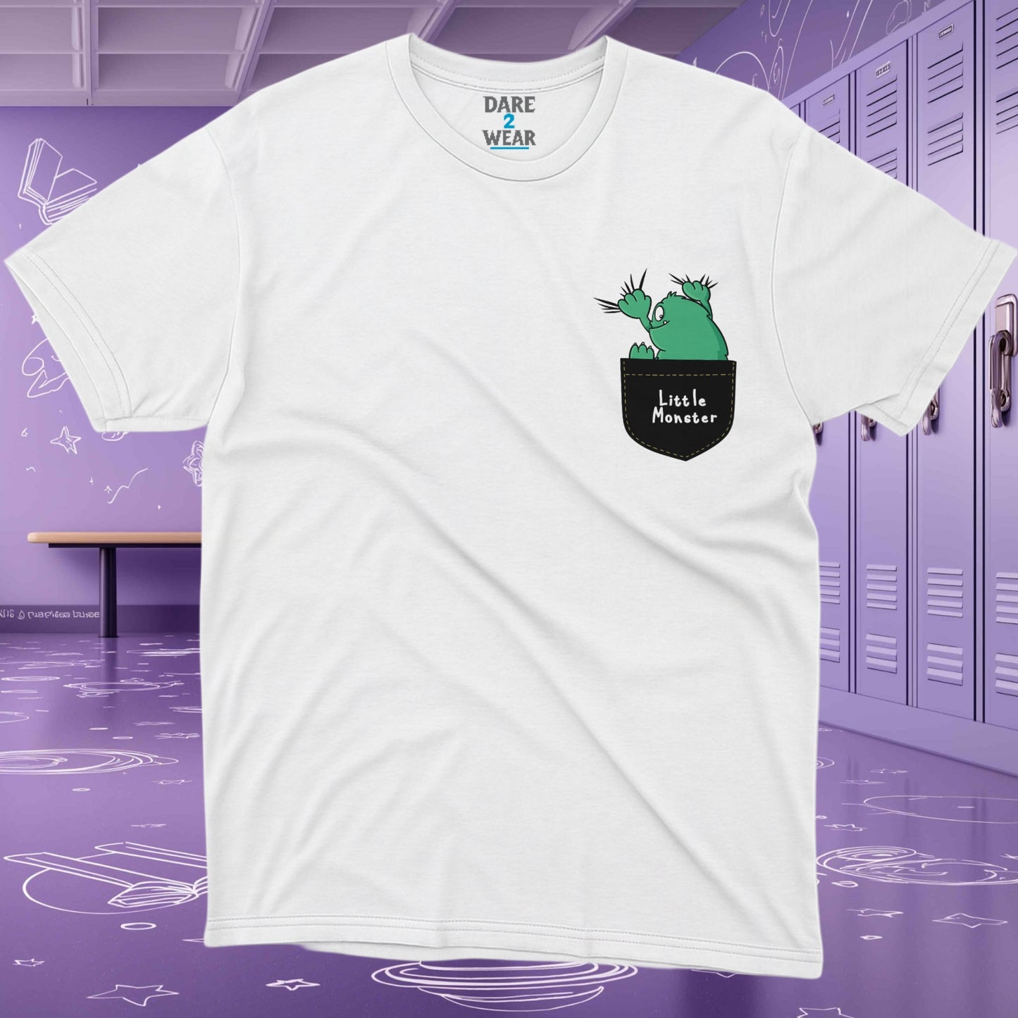 White t-shirt with a cartoon green monster peeking from a pocket design – Dare 2 Wear Little Monster