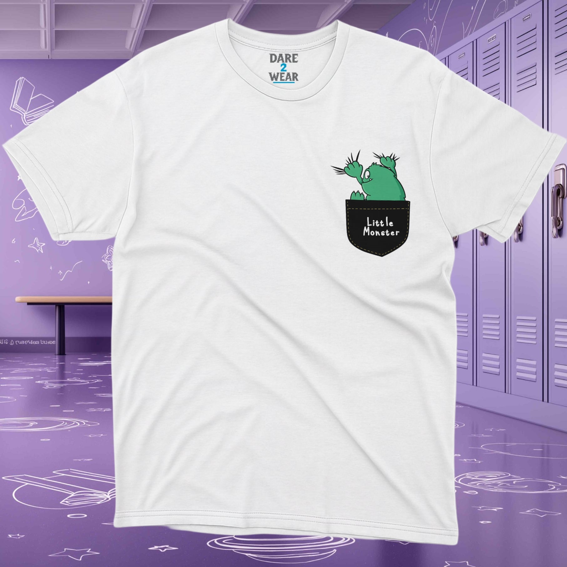 White t-shirt with a cartoon green monster peeking from a pocket design – Dare 2 Wear Little Monster