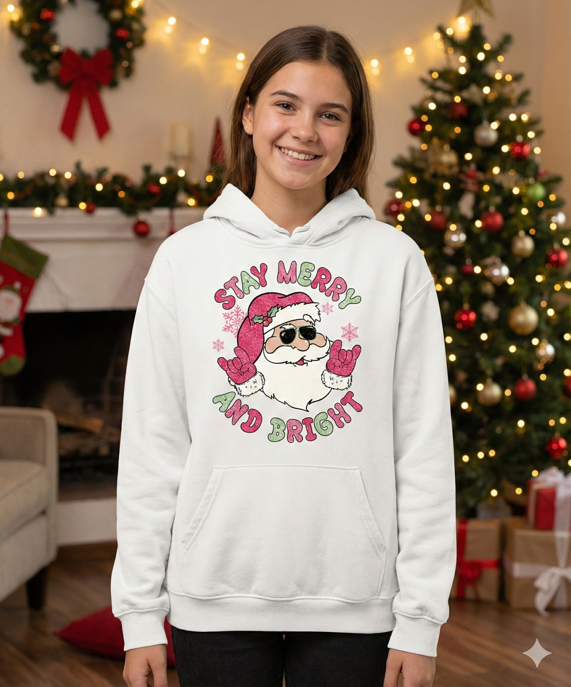 Person wearing a white hoodie with a Christmas design in a decorated living room.