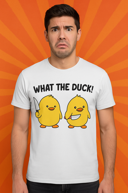Cartoon t-shirt with two yellow ducks holding knives and the text "What the Duck!" printed on a white shirt, modeled by a surprised man against an orange burst background.