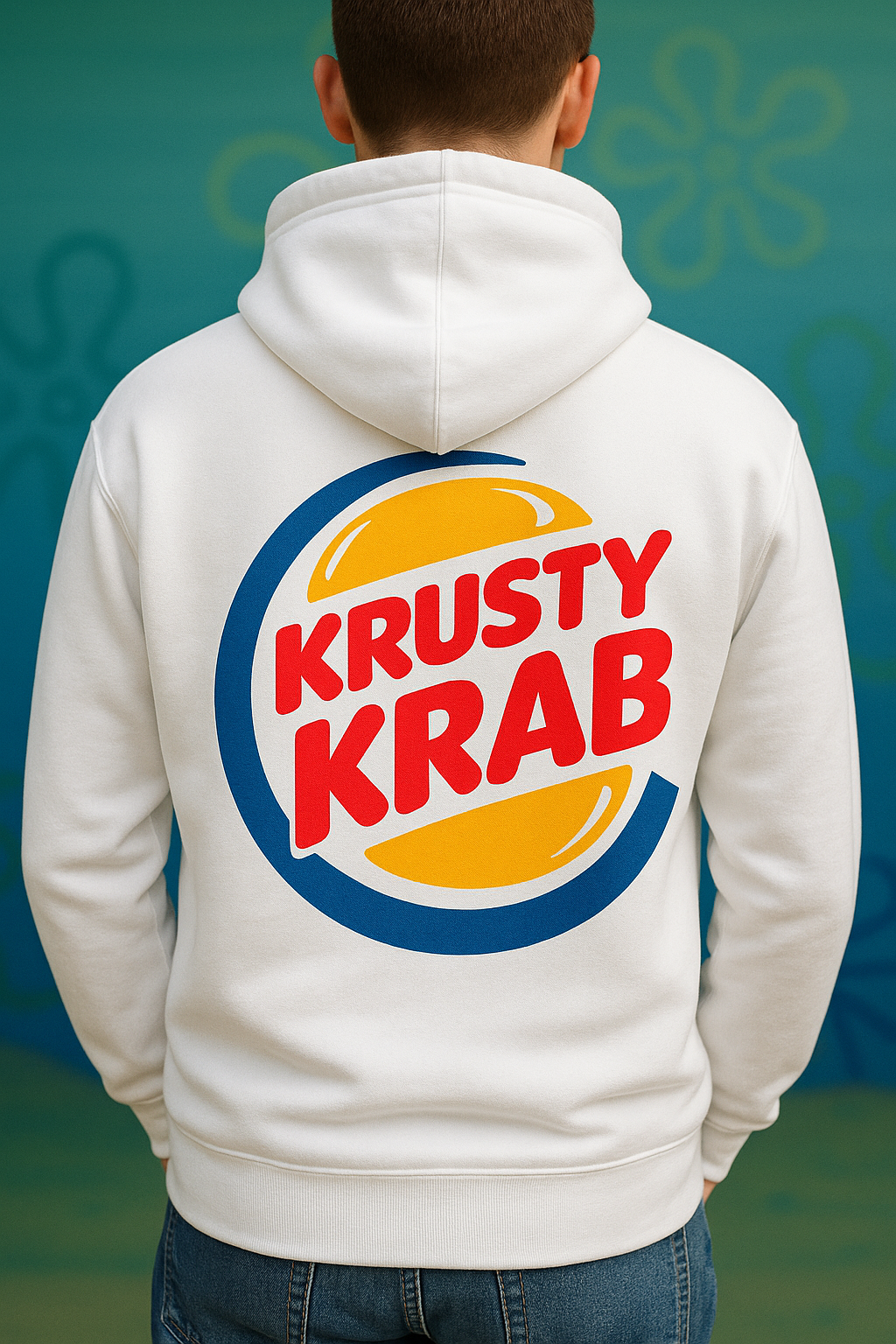 Person wearing a white hoodie with 'Krusty Krab' logo on the back against a blue background