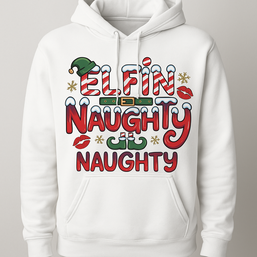 White hoodie with festive text design on a gray background