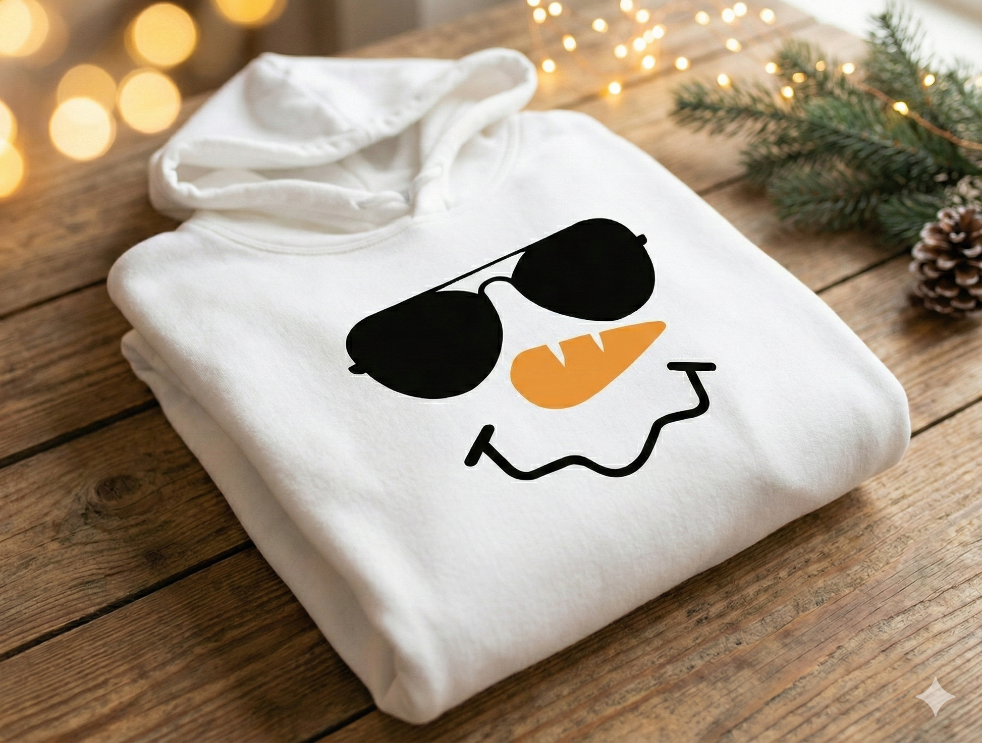 Folded white hoodie with a snowman face design on a wooden surface with blurred lights and pine branches in the background.