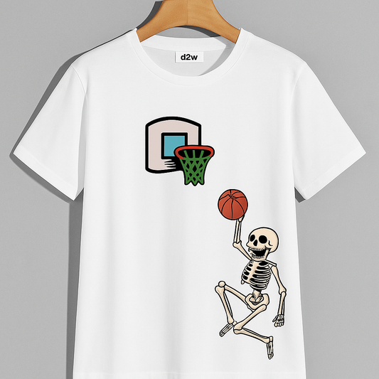 White T-shirt with cartoon skeleton dunking basketball near hoop – D2W original