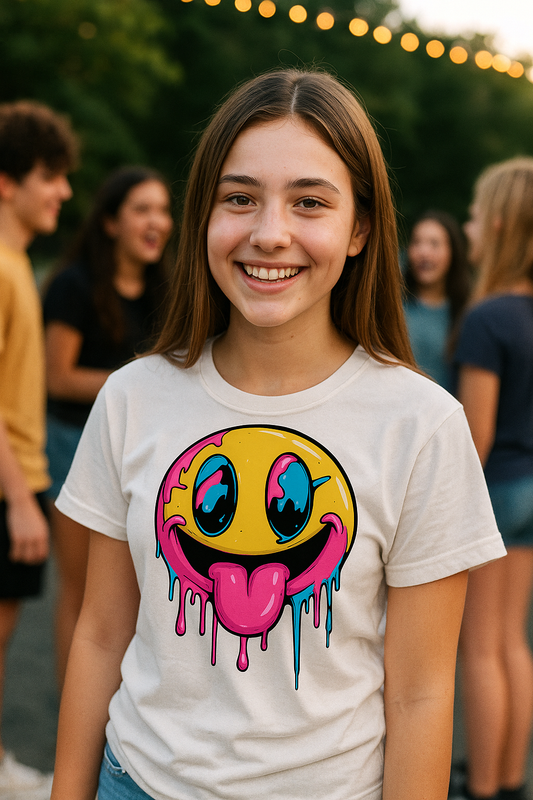 Young girl wearing a t-shirt with a colorful smiley face design, standing outdoors with people in the background.
