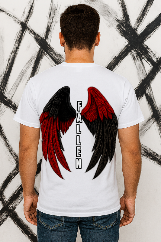 Back view of white t-shirt with bold red and black angel wings and the word "FALLEN" printed in between – DARE 2 WEAR