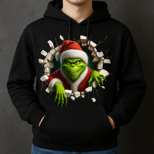 Black hoodie with a graphic of a green character wearing a Santa hat on a dark background