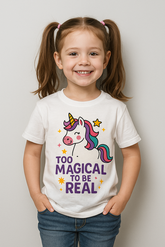 Unicorn kids t-shirt with colorful design and text "Too Magical to Be Real" printed on a white shirt