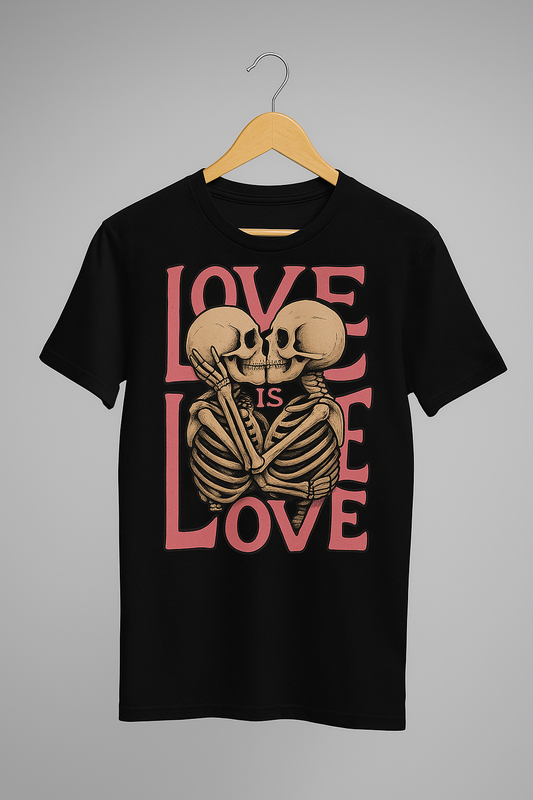 Skeleton kiss graphic tee with romantic message in gothic style – unisex black shirt