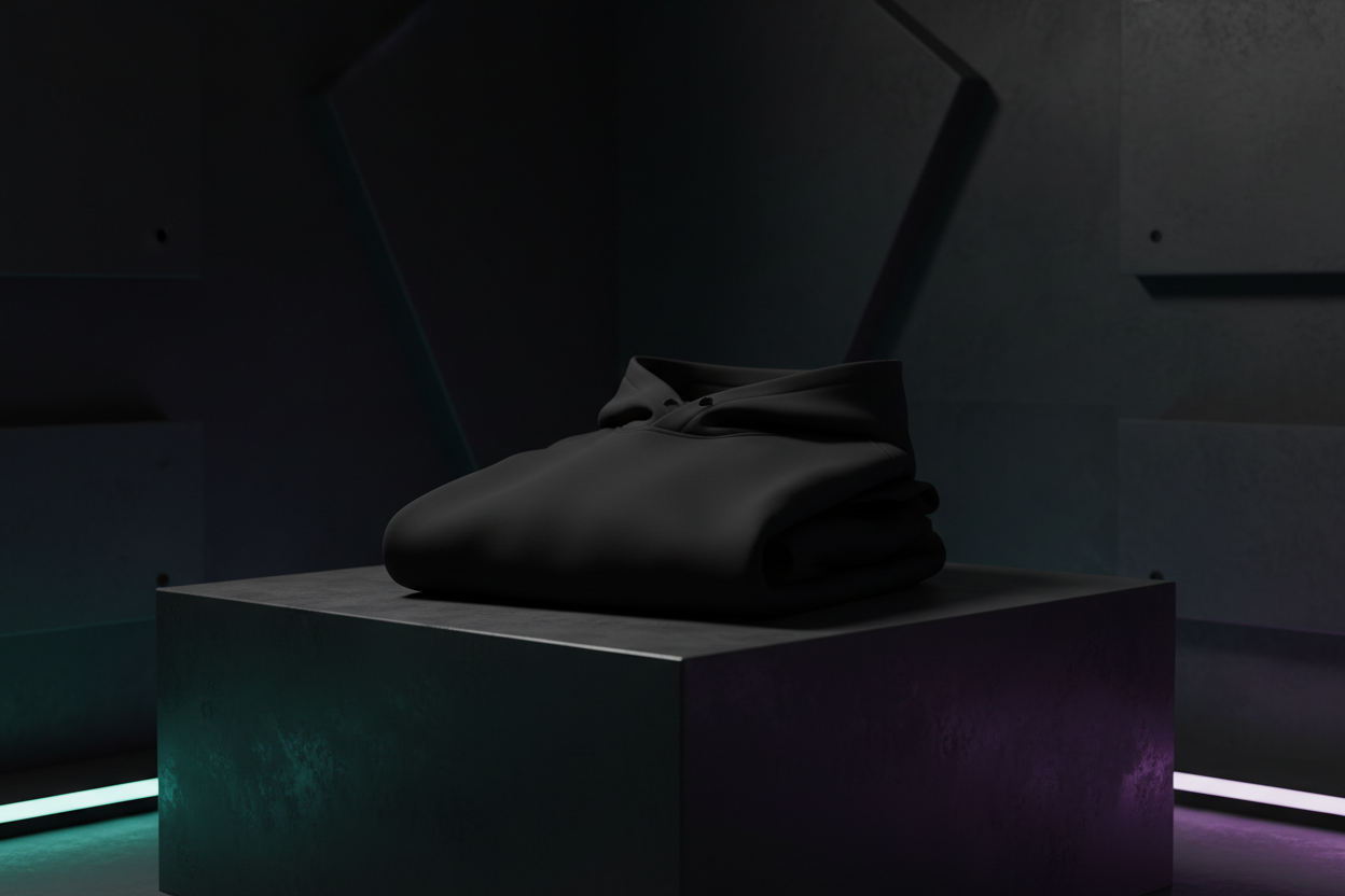 Minimal dark streetwear scene featuring a folded hoodie on a clean surface, soft teal and purple neon glow accents, modern shadows, no text, no branding. High contrast, premium, futuristic streetwear look