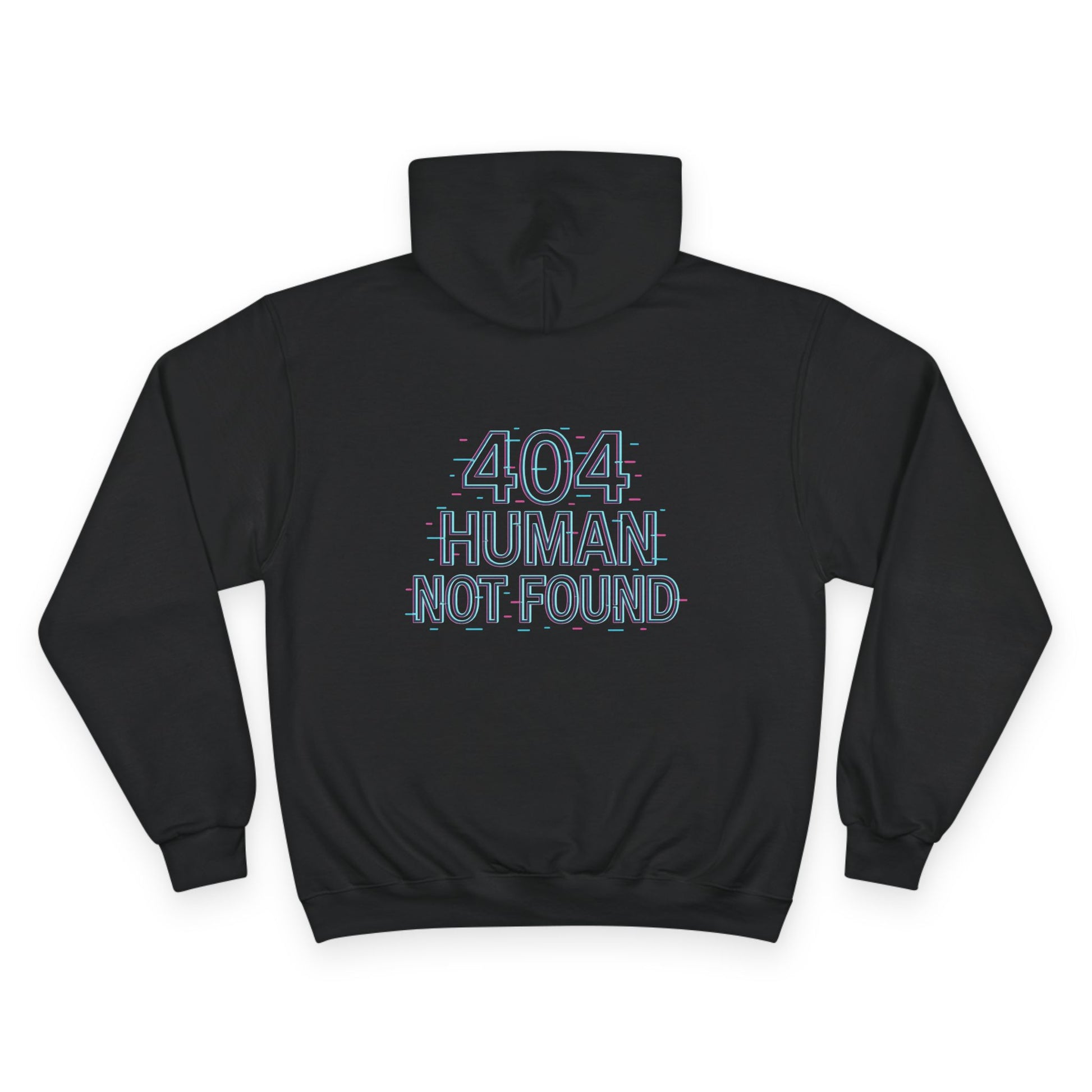 Black hoodie with '404 Human Not Found' text on a white background