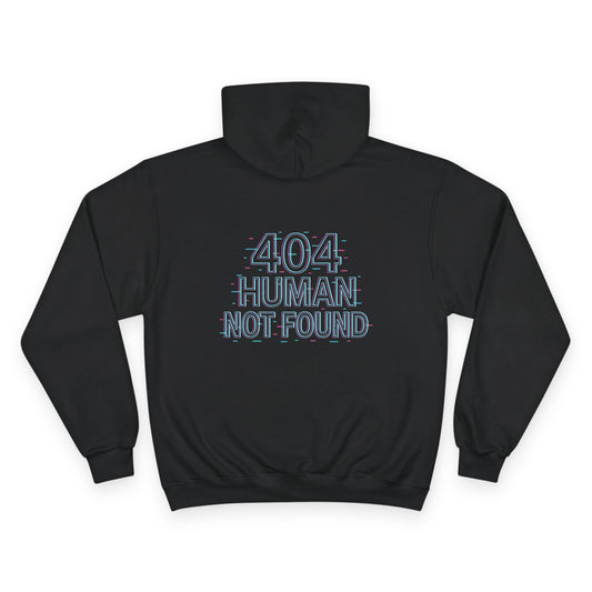 Black hoodie with '404 Human Not Found' text on a white background