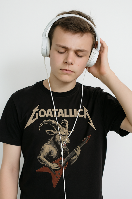 Black t-shirt featuring screaming goat with electric guitar and bold "GOATALLICA" text – parody band shirt for rock lovers