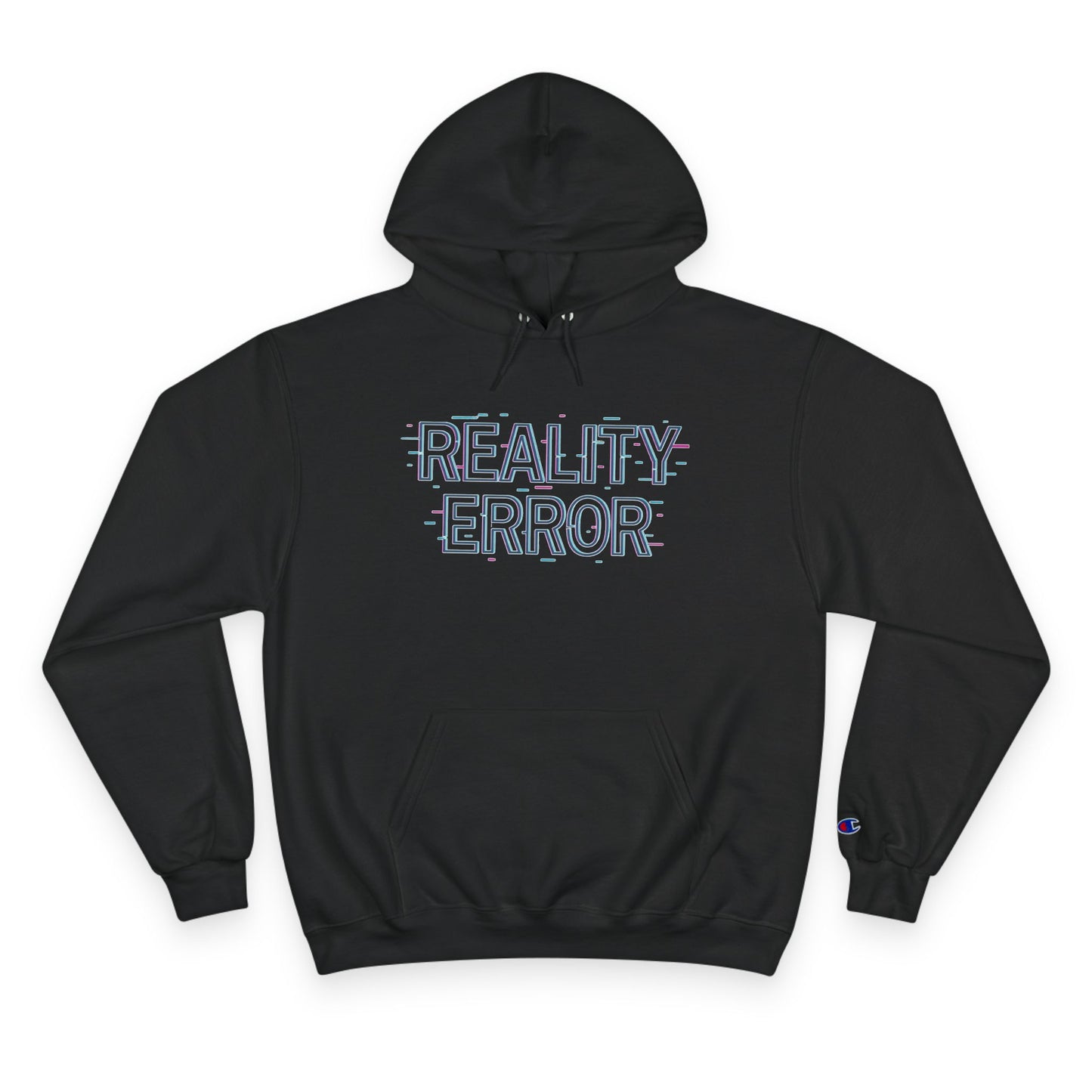 Black hoodie with 'Reality Error' text on a white background
