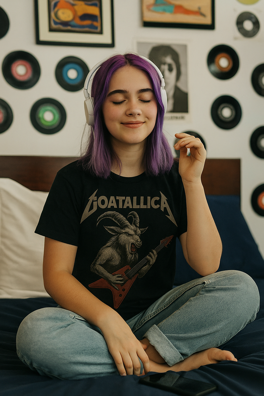 Black t-shirt featuring screaming goat with electric guitar and bold "GOATALLICA" text – parody band shirt for rock lovers