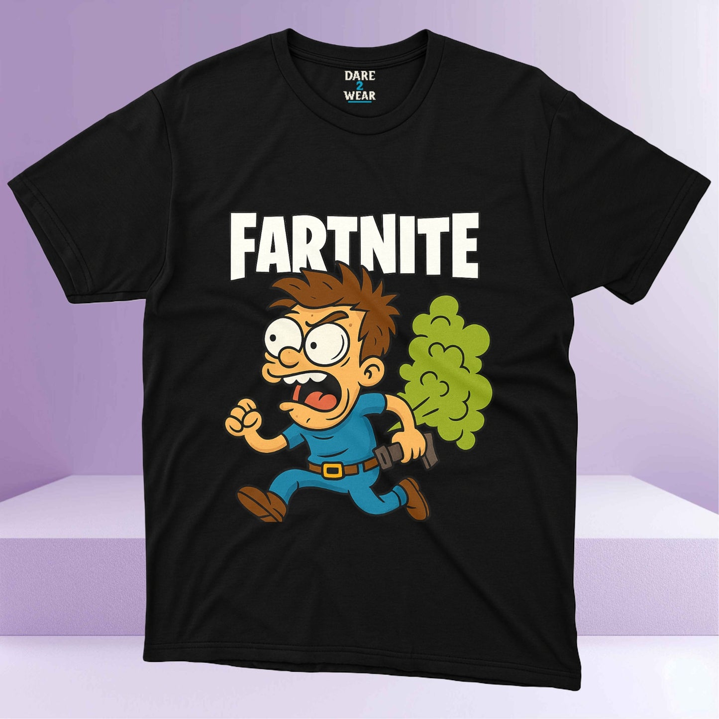 Cartoon parody gamer design with “Fartnite” text and funny character running with fart cloud – Dare 2 Wear Funny Tee