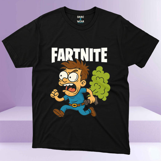 Cartoon parody gamer design with “Fartnite” text and funny character running with fart cloud – Dare 2 Wear Funny Tee