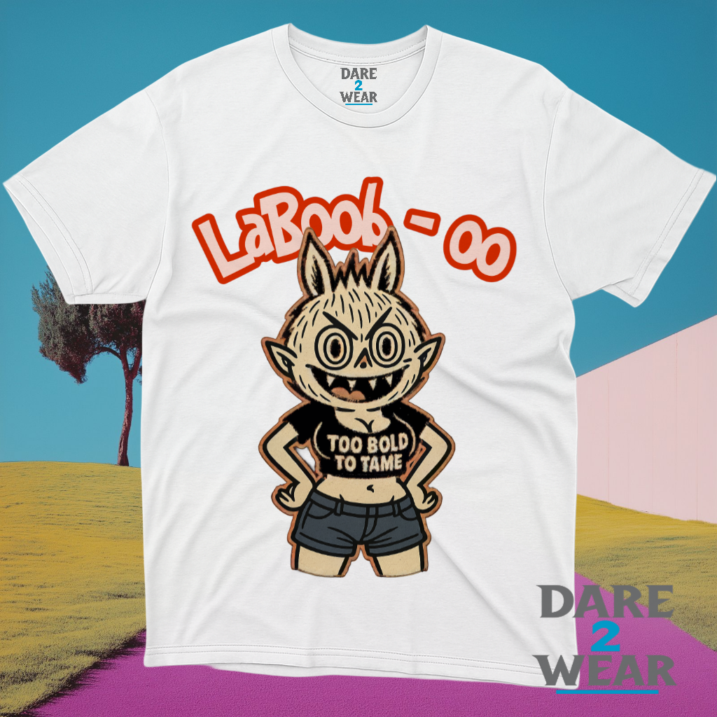 Cartoon character named LaBoob‑oo wearing a crop top that says "Too Bold to Tame", with bold red text above that reads "LaBoob‑oo" – designed for streetwear t-shirt printing.