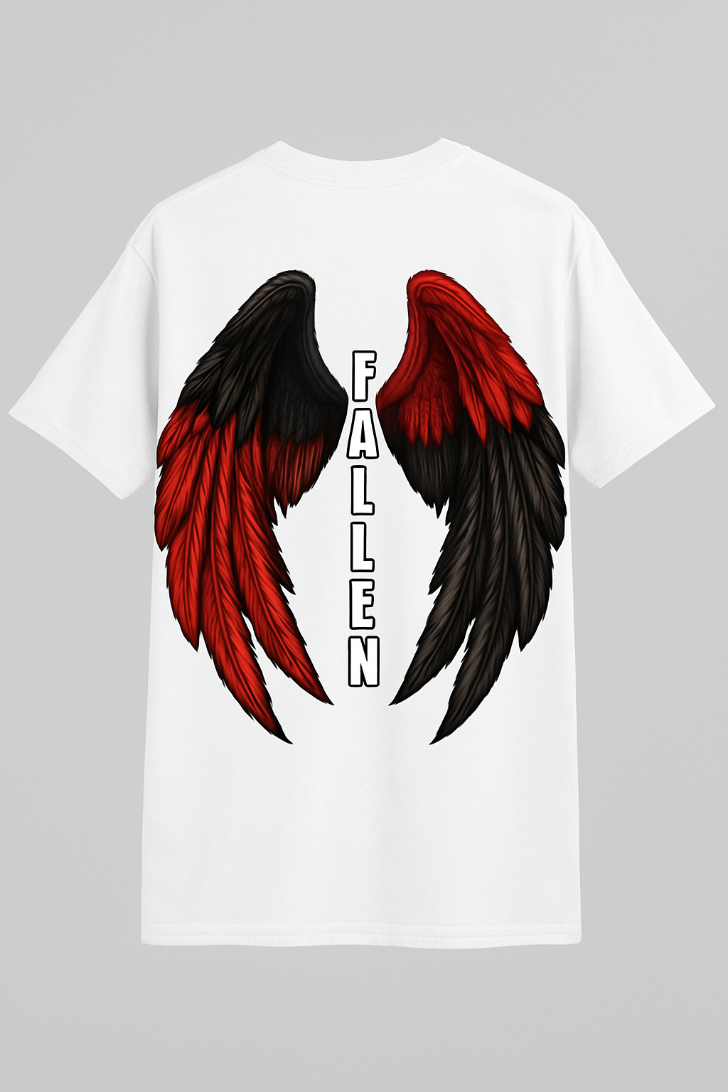 Back view of white t-shirt with bold red and black angel wings and the word "FALLEN" printed in between – DARE 2 WEAR