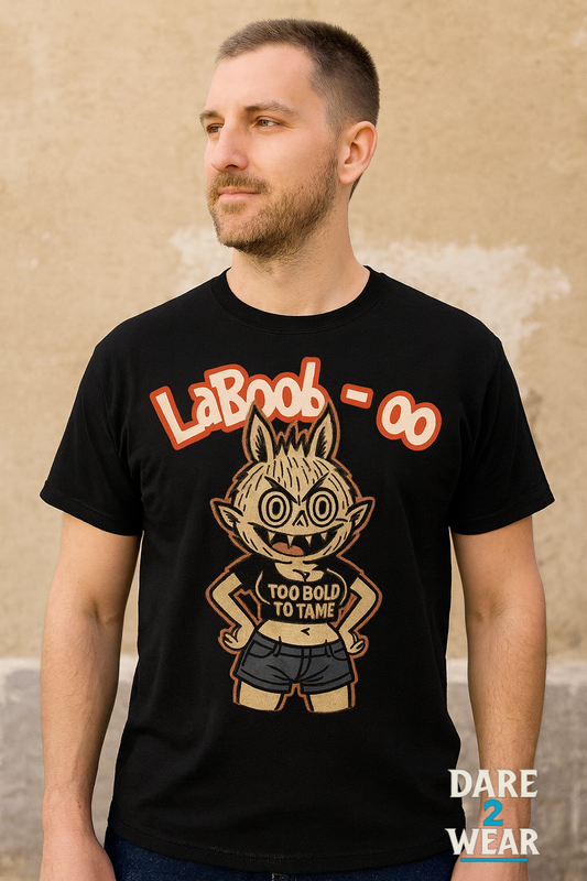 Man in his 30s standing outdoors wearing a black t-shirt with the LaBoob‑oo cartoon design and the slogan "Too Bold to Tame".