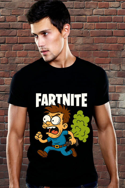 Cartoon parody gamer design with “Fartnite” text and funny character running with fart cloud – Dare 2 Wear Funny Tee