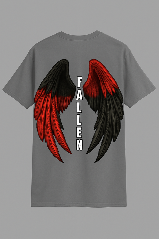 Back view of grey t-shirt with bold red and black angel wings and the word "FALLEN" printed in between – DARE 2 WEAR