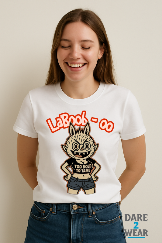 Young woman in her 20s smiling while wearing a white t-shirt featuring the LaBoob‑oo cartoon character with the phrase "Too Bold to Tame".